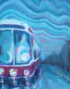 Very new painting featuring a streetcar. A small painting, 14" x 11". I spent a lot of time playing with the sky on this on. It still needs a name.